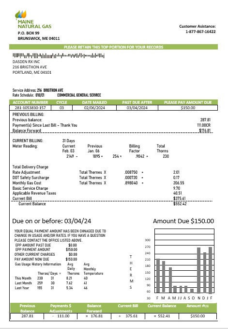 USA Maine Natural Gas Portland business utility bill template in Word and PDF formats